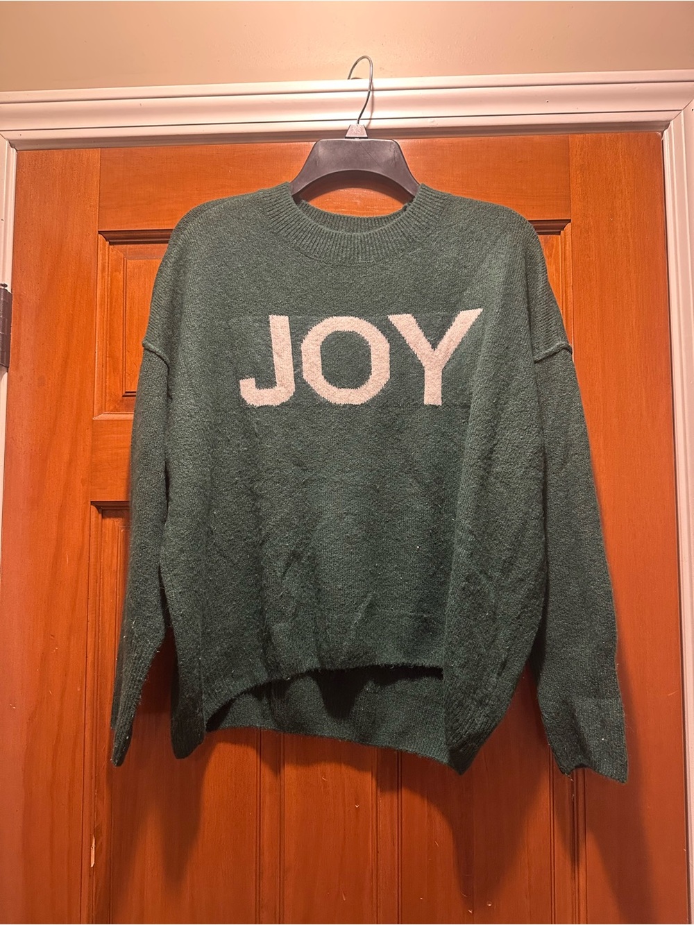 Vince Camuto "JOY" Crewneck Sweater - Forest Green with Cream Lettering